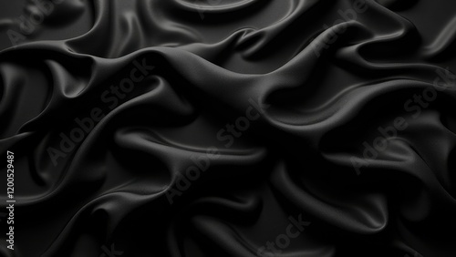 Exquisite black satin fabric in close-up; smooth, glossy surface with intricate folds, enhancing its luxurious sheen and delicate texture photo