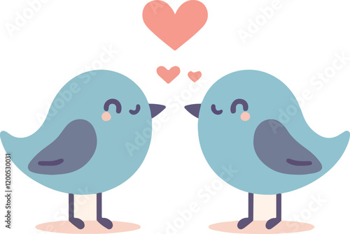 Two cartoon blue lovebirds with hearts above them. Flat vector illustration isolated on white background. Romantic couple concept for Valentine’s Day design and greeting cards.