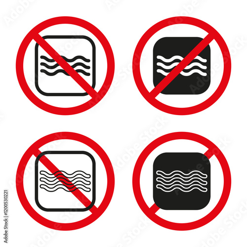 No microwaves icon. Prohibited wave symbol. Warning red circle. Black and white sign.