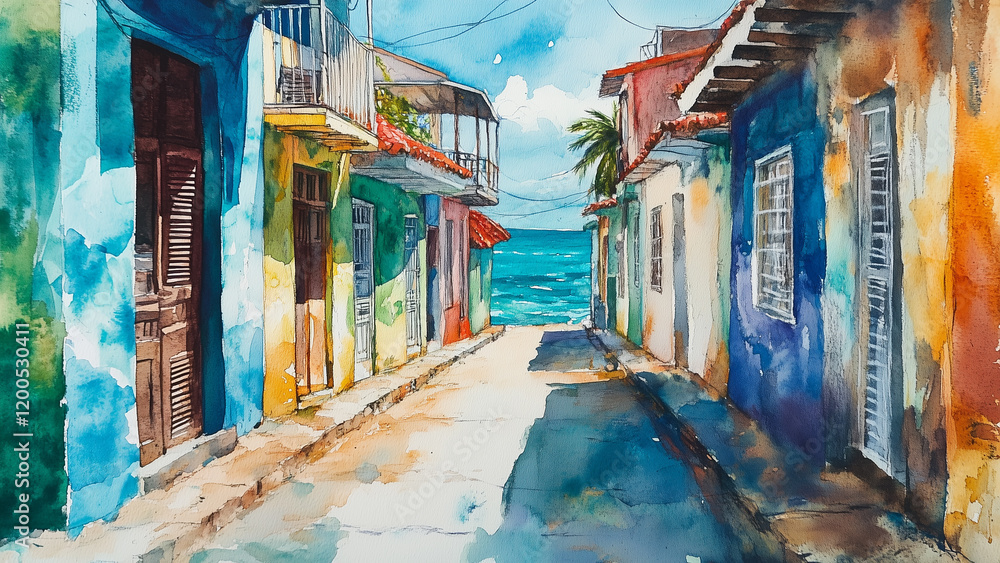 Fototapeta premium Watercolor Serenity: Margarita Island’s Vibrant Streetscape