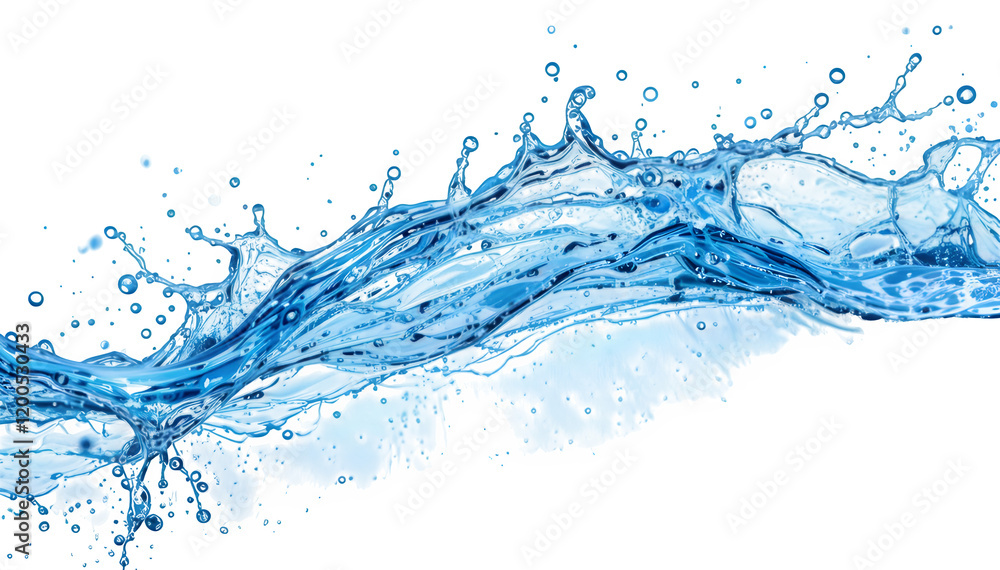 An artistic blue water splash, captured dynamically against a white backdrop An artistic blue water splash, captured dynamically against a white backdrop