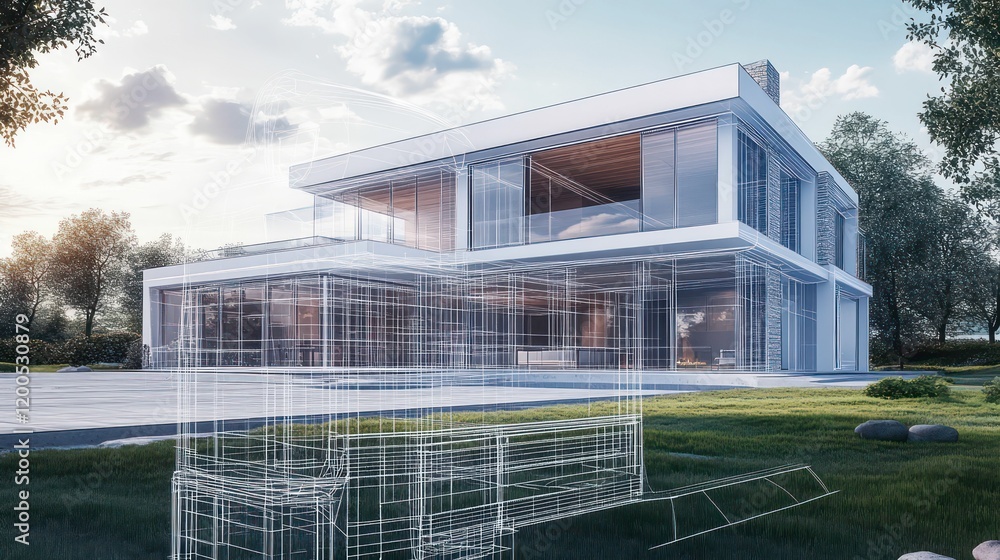 architectural wireframe of a modern two-story building, minimalist design showcasing structure, innovation, and contemporary architectural concept. architectural wireframe of a modern two-story building, minimalist design showcasing structure, innovation, and contemporary architectural concept.