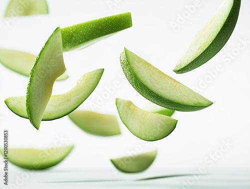 Green mango slices falling, white background, food photography, healthy eating