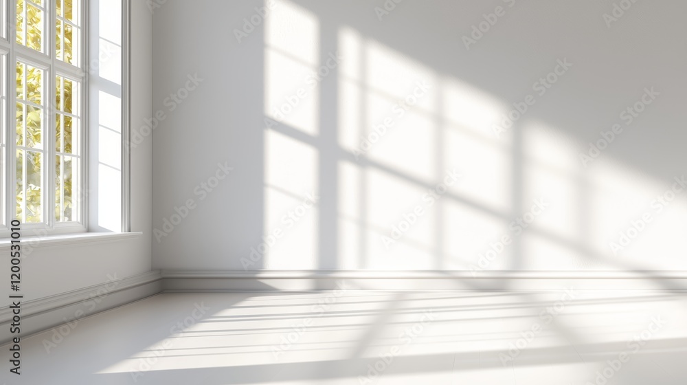 Sunlit empty room with white walls and window. Sunlit empty room with white walls and window.