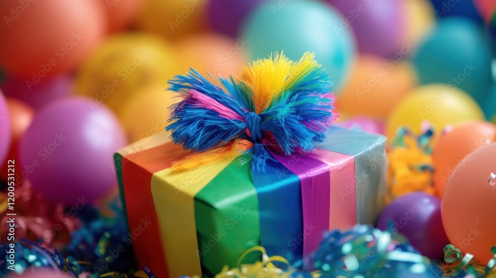 Rainbow Gift Box Surrounded by Colorful Balloons and Confetti Rainbow Gift Box Surrounded by Colorful Balloons and Confetti