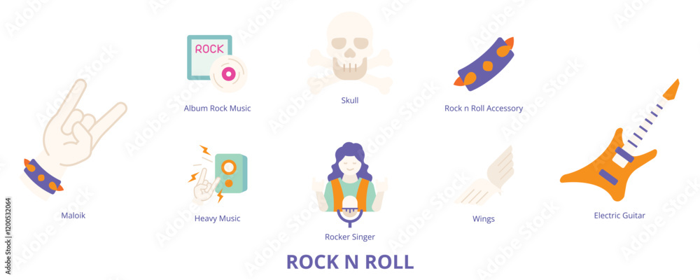 Rock n Roll Flat Banner Web Icon Set Vector Illustration, Skull Rocker Singer Rock n Roll Maloik Electric Guitar Album Rock Music Wings Heavy Music Rock n Roll Flat Banner Web Icon Set Vector Illustration, Skull Rocker Singer Rock n Roll Maloik Electric Guitar Album Rock Music Wings Heavy Music