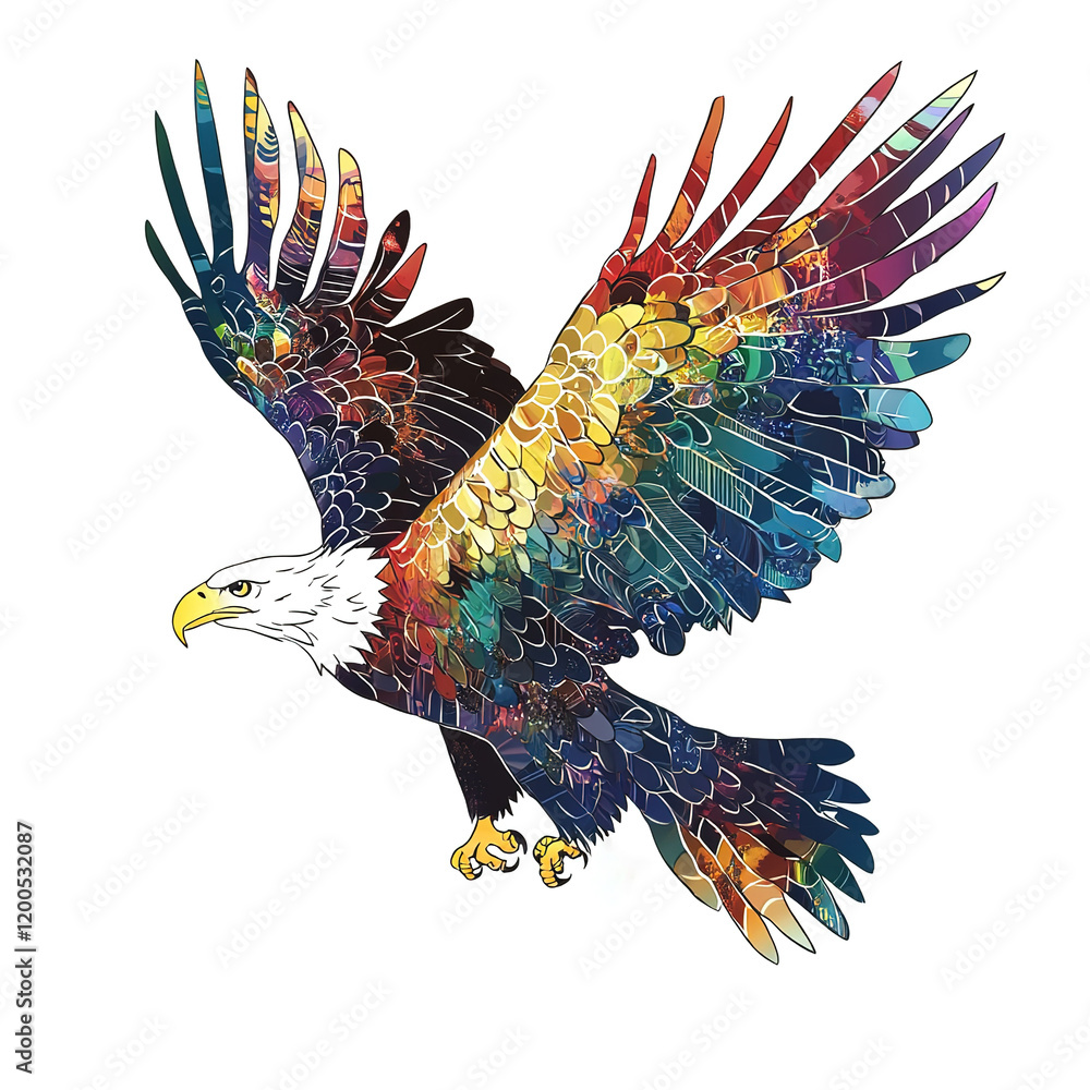 Fototapeta premium Colorful eagle with rainbow feathers flying in the sky