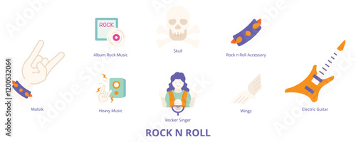 Rock n Roll Flat Banner Web Icon Set Vector Illustration, Skull Rocker Singer Rock n Roll Maloik Electric Guitar Album Rock Music Wings Heavy Music