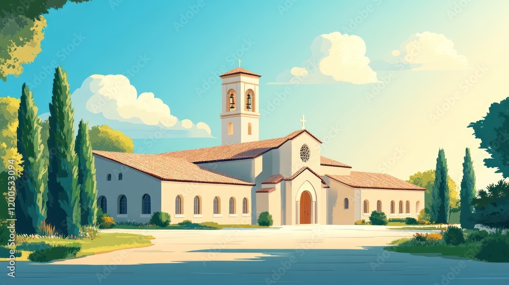 Naklejka premium Sunny day view of a tranquil church.