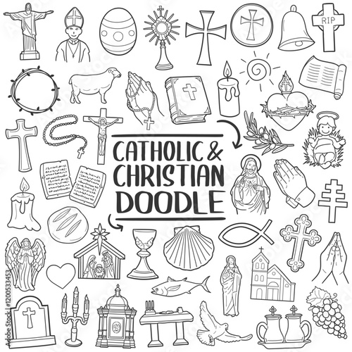 Christian Doodle Icons. Catholic Religion Vector Illustration Hand Drawn Art. 