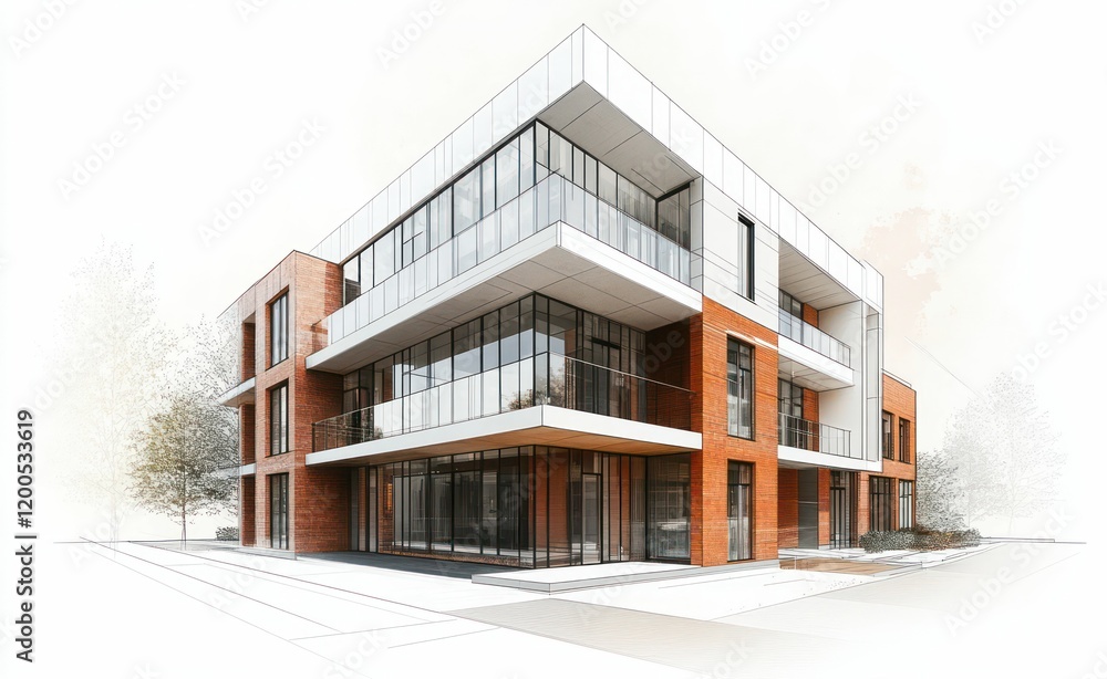 modern architectural rendering of a red brick residential building with glass balconies, sleek design, and contemporary urban housing aesthetic. modern architectural rendering of a red brick residential building with glass balconies, sleek design, and contemporary urban housing aesthetic.
