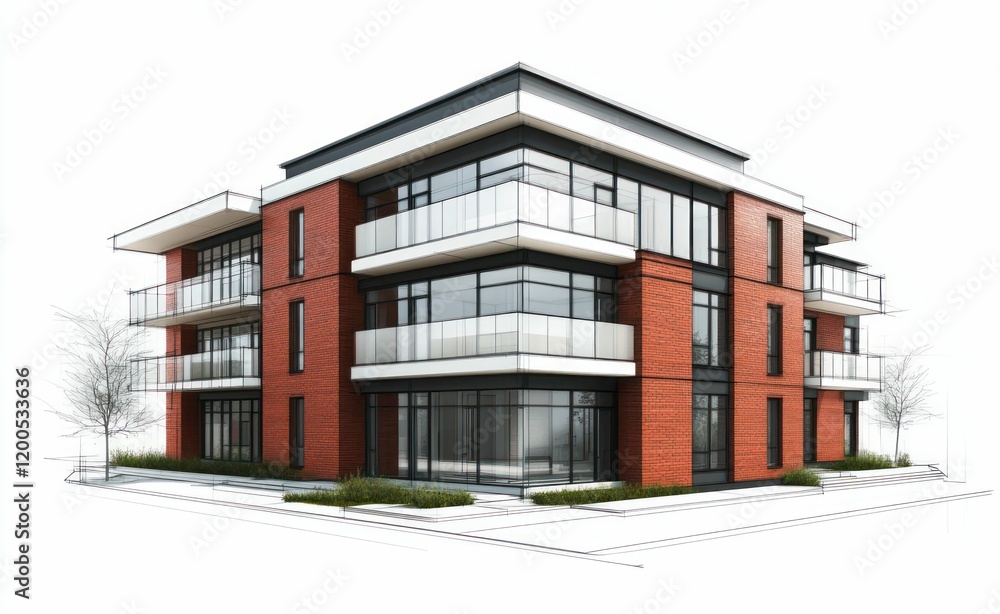 modern architectural rendering of a red brick residential building with glass balconies, sleek design, and contemporary urban housing aesthetic. modern architectural rendering of a red brick residential building with glass balconies, sleek design, and contemporary urban housing aesthetic.