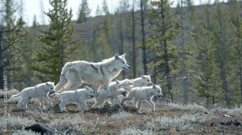 Obraz premium wolf walking decorated with trees and sunlight