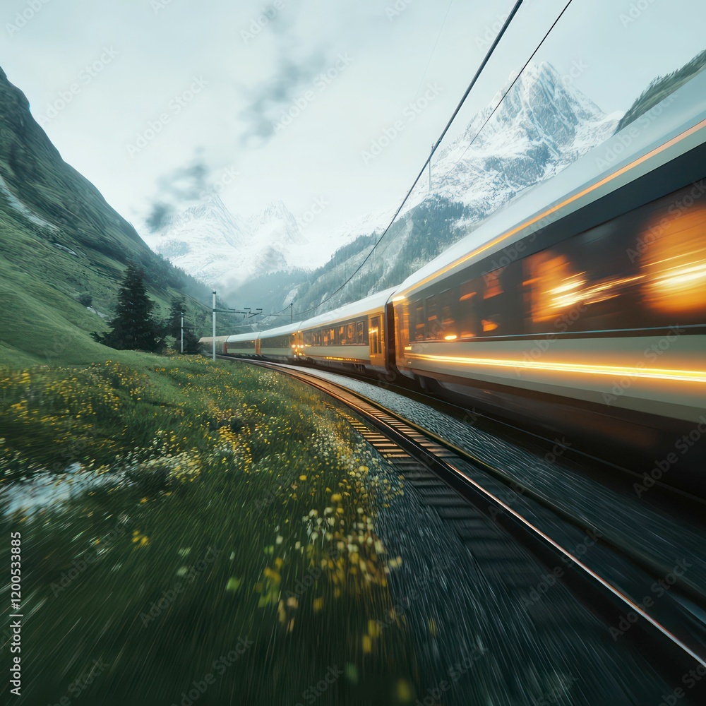 Fototapeta premium high-speed train traveling through green countryside, modern rail technology, electric transportation, emphasizing speed, efficiency, and eco-friendly mobility