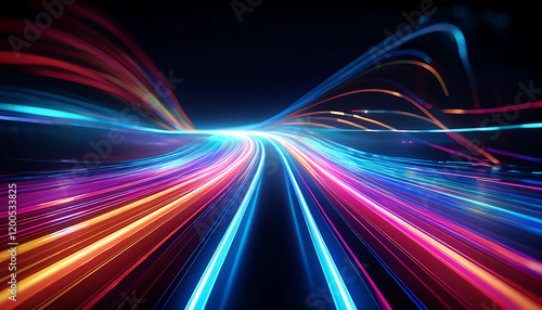 A vibrant display of colorful light trails creates a dynamic and futuristic visual effect against a dark background.