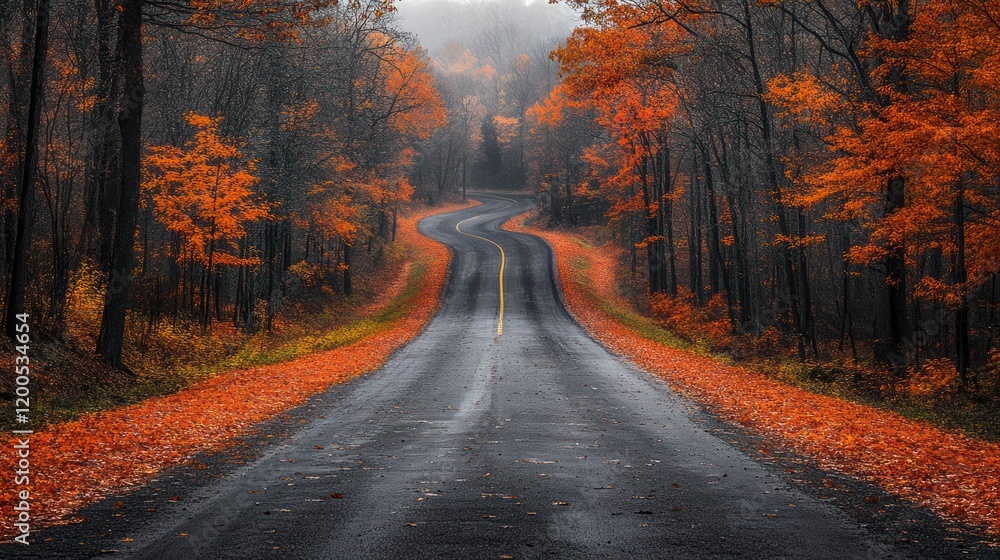 Obraz premium Winding road, autumn foliage, forest drive, misty day, scenic route