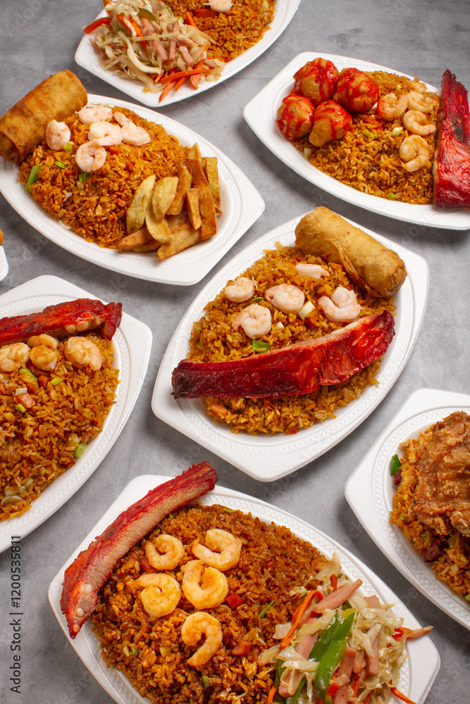 Chinese food dishes of chicken in sweet and sour sauce, fried rice, pork ribs, shrimp and spring roll Chinese food dishes of chicken in sweet and sour sauce, fried rice, pork ribs, shrimp and spring roll
