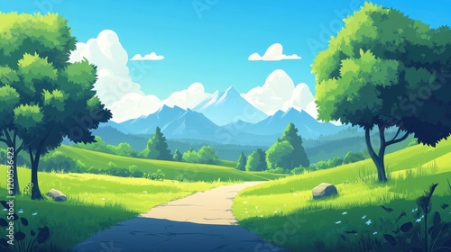 Serene Countryside Path Leading to Majestic Mountains