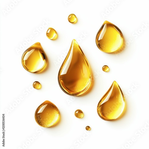 golden liquid droplets with glossy texture on a white background, symbolizing purity, elegance, and fluidity in a minimalist composition.