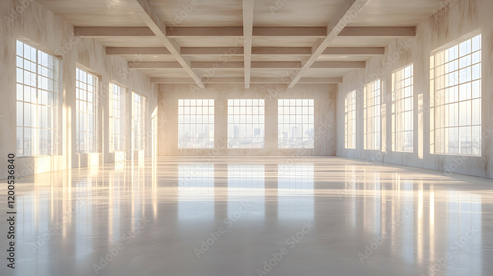 Sunlit Empty Loft Space with City View, room, interior, architecture, building, urban Sunlit Empty Loft Space with City View, room, interior, architecture, building, urban