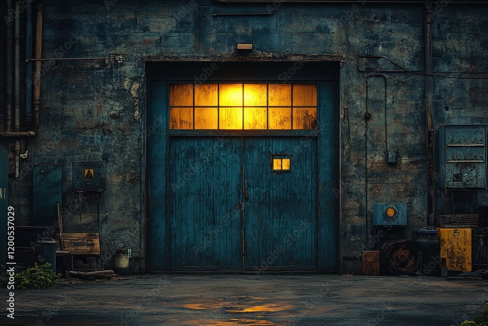 Industrial Warehouse with Open Door and Glowing Light Dramatic Shadows and Highlights Industrial Warehouse with Open Door and Glowing Light Dramatic Shadows and Highlights