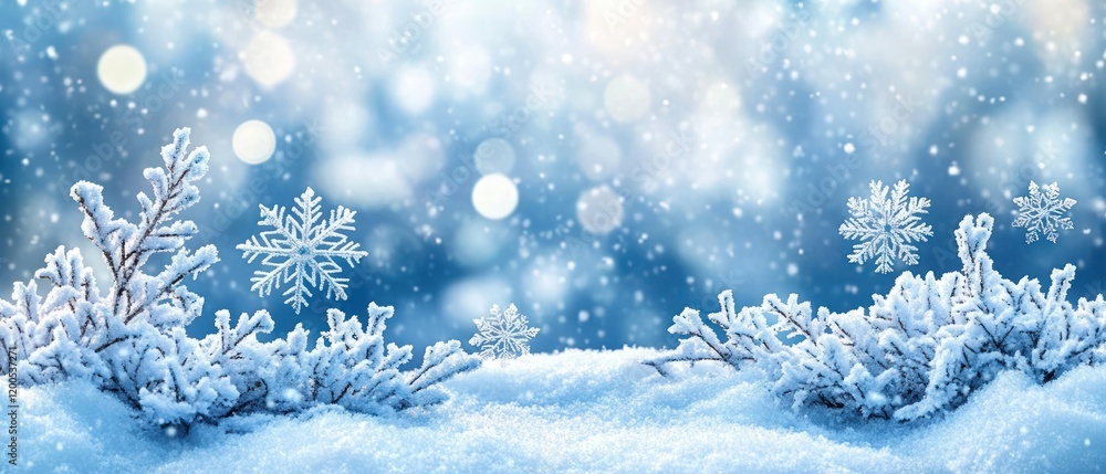 Winter Snowflakes Close Up Seasonal Background with Blue Bokeh Effect for Christmas and Holiday Greetings Winter Snowflakes Close Up Seasonal Background with Blue Bokeh Effect for Christmas and Holiday Greetings