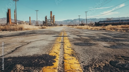 Desolate Asphalt: A Solitary Road Cuts Through an Industrial Landscape photo