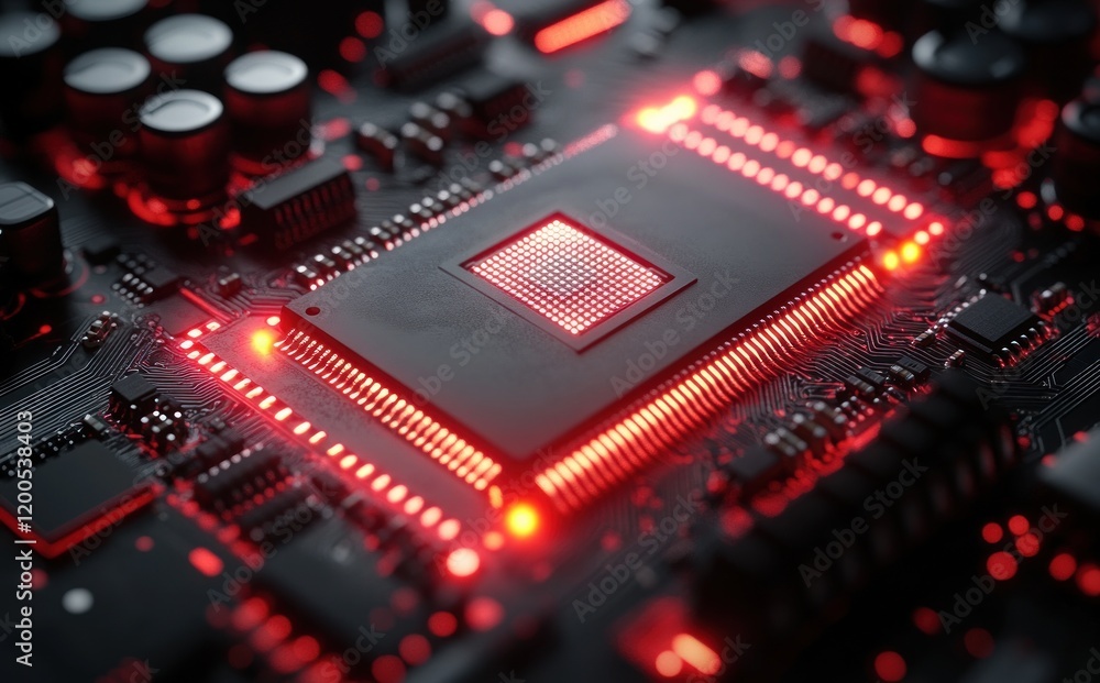 Hyper-realistic Close-up of Computer Chip on Circuit Board with Neon Lighting and Intricate Circuitry Hyper-realistic Close-up of Computer Chip on Circuit Board with Neon Lighting and Intricate Circuitry