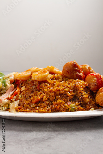 Chinese food of rice and fried chicken, chop suey, shrimp, on marble background photo