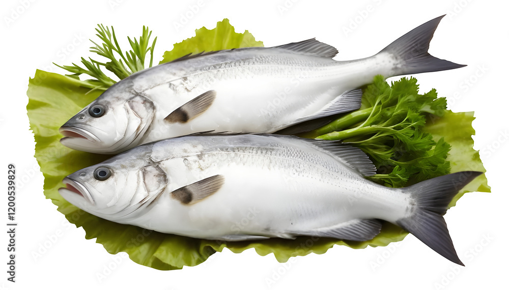 Fresh halibut fish and leafy greens, grouped together on a white backdrop. Fresh halibut fish and leafy greens, grouped together on a white backdrop.