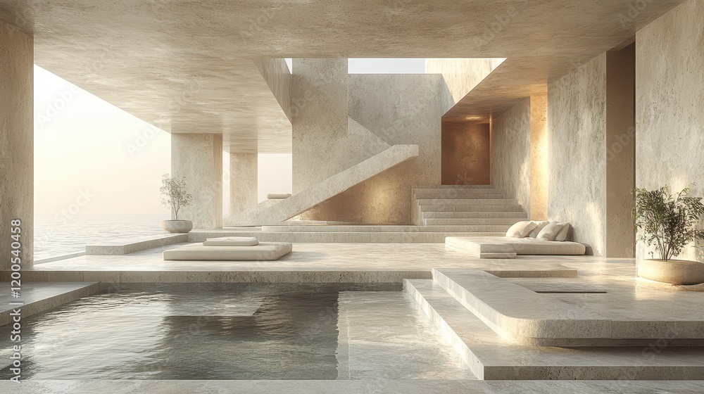Modern architectural space with minimalist design and serene water features. Modern architectural space with minimalist design and serene water features.