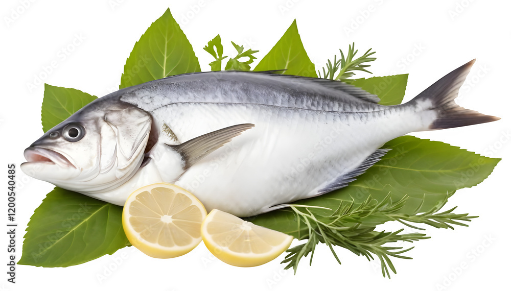 Fresh halibut fish and leafy greens, grouped together on a white backdrop. Fresh halibut fish and leafy greens, grouped together on a white backdrop.