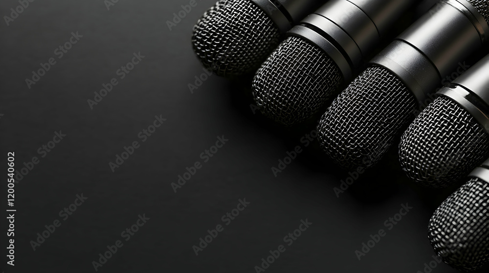 Obraz premium Close-up of Multiple Black Microphones on Dark Background, recording, audio, music, podcast, broadcasting