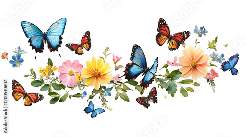 Fototapeta Naklejka Na Ścianę i Meble -  butterflies and flowers isolated on a white background Clipping Path on transparent background