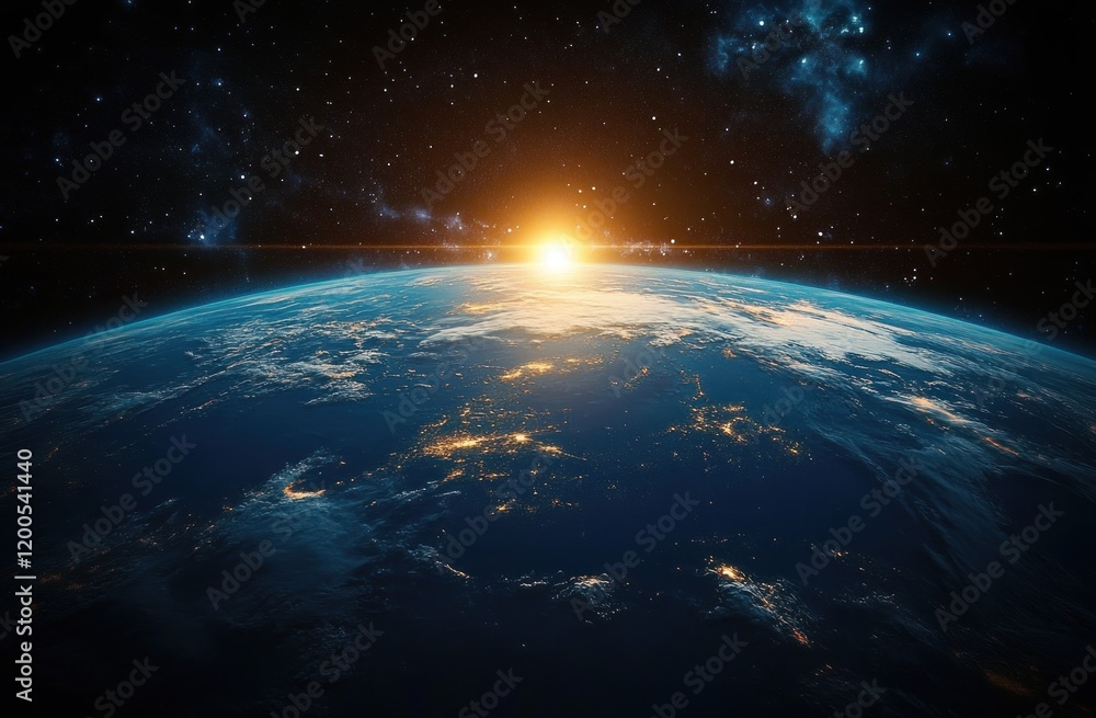 Obraz premium Stunning Panoramic View of Earth from Space Illuminated by a Distant Star