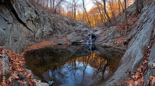 Autumnal forest pool reflecting trees, tranquil waterfall scene, nature photography for calendars