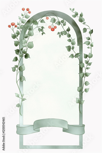 Elegant green frame with climbing vines and red berries