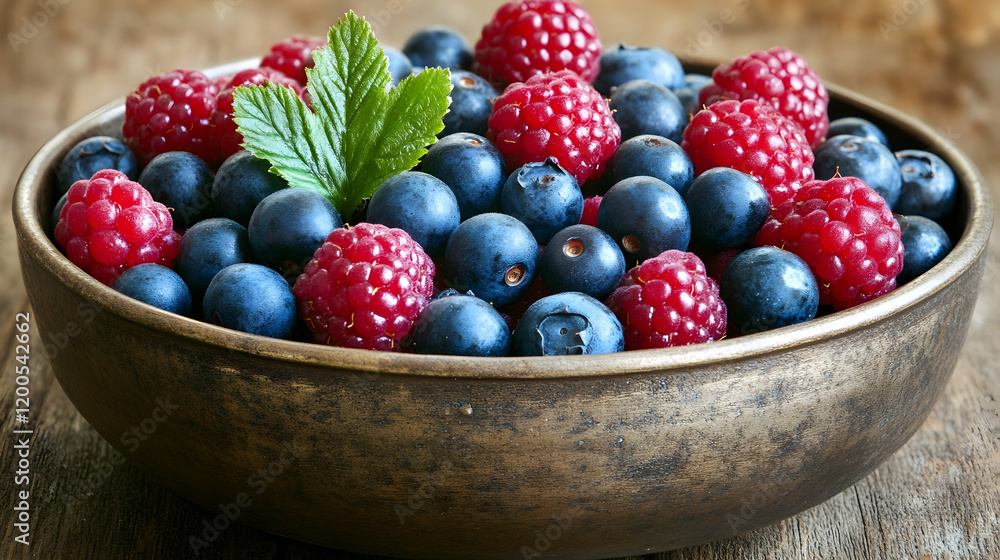 Fresh Raspberries and Blueberries in a Rustic Bowl, fruit, wooden, table, food, healthy Fresh Raspberries and Blueberries in a Rustic Bowl, fruit, wooden, table, food, healthy