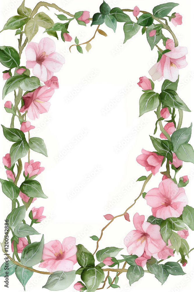 Fototapeta premium Pink flowers and green leaves creating a watercolor frame