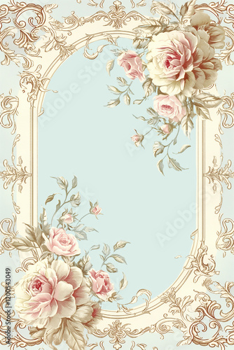 Pink roses adorning an elegant rococo style oval frame on light blue background