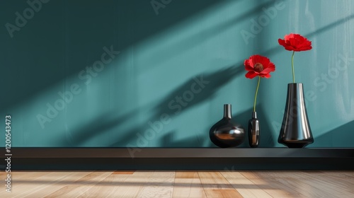 A contemporary living room featuring a dark teal wall, light hickory floors