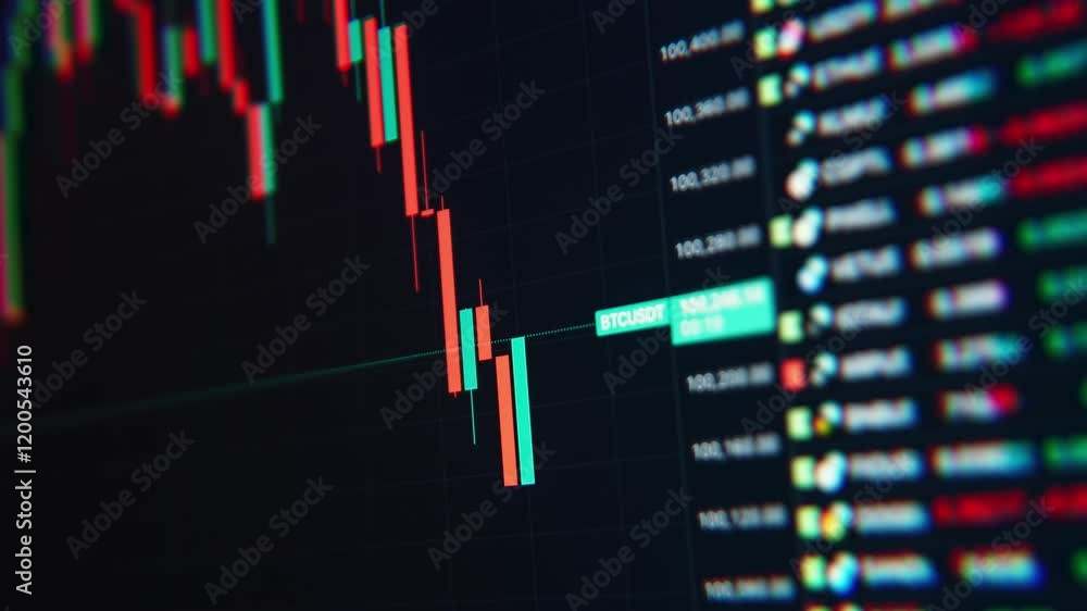 A timelapse video capturing the fluctuating movements of Bitcoin's price on a trading chart, showcasing dynamic market changes and cryptocurrency trends
