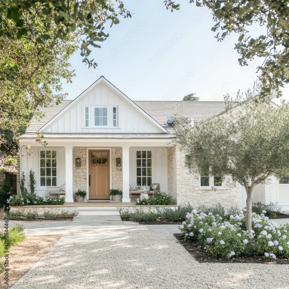 charming modern farmhouse with white siding, metal roof, landscaped garden, wooden door, natural surroundings, and inviting rustic architectural design. charming modern farmhouse with white siding, metal roof, landscaped garden, wooden door, natural surroundings, and inviting rustic architectural design.