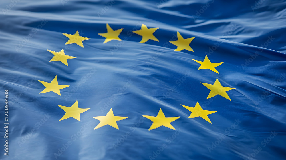 Close-up of a waving European Union flag, stars, blue, yellow, fabric, texture Close-up of a waving European Union flag, stars, blue, yellow, fabric, texture