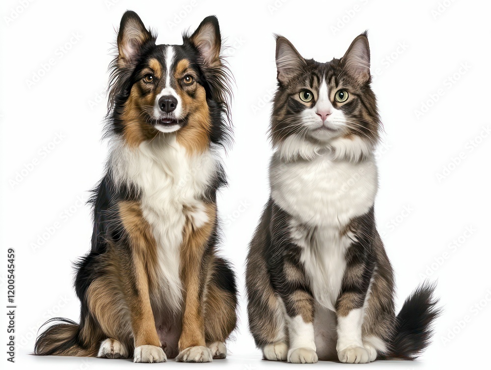 adorable cat and dog sitting together, showcasing friendship, companionship, and contrasting personalities, on a clean white background. adorable cat and dog sitting together, showcasing friendship, companionship, and contrasting personalities, on a clean white background.
