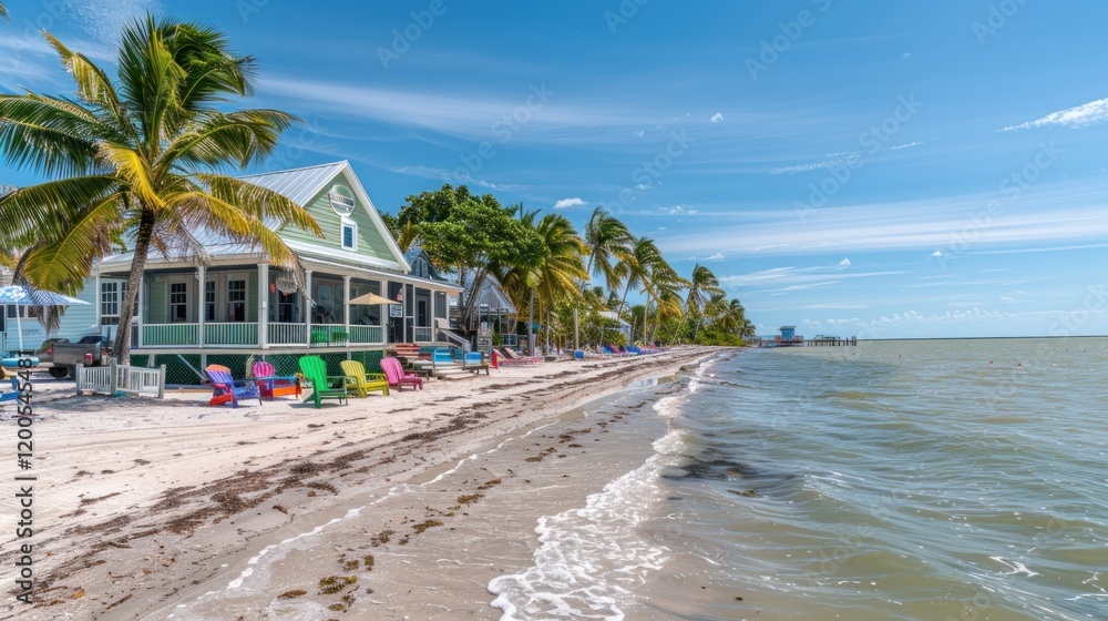view of a house on the beach decorated with coconut trees and chairs view of a house on the beach decorated with coconut trees and chairs