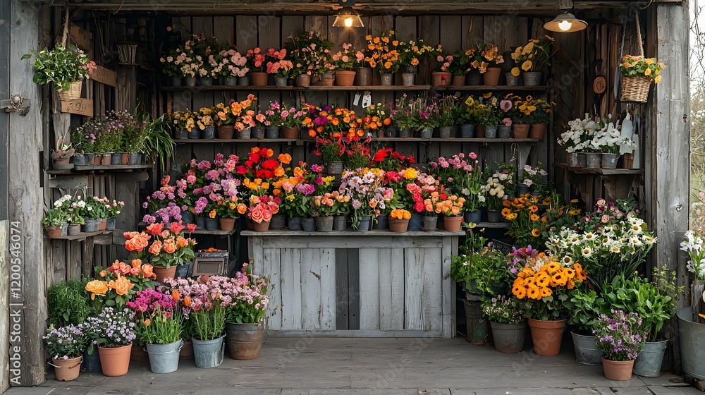 Fototapeta premium Vibrant Flower Market Display Urban Garden Photography Outdoor Eye-Level Floral Beauty