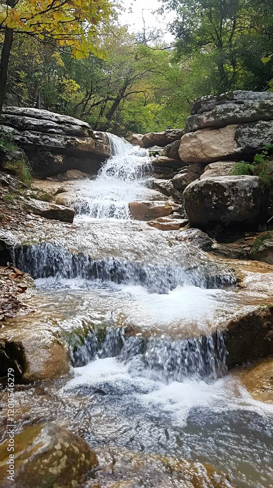 Obraz premium A serene waterfall cascades over rocky terrain in a lush green forest.