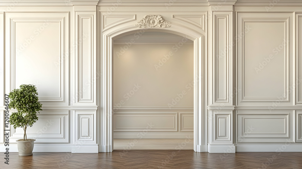 Elegant Interior Archway with Wainscot and Plant, doorway, entrance, room, wainscoting, paneling