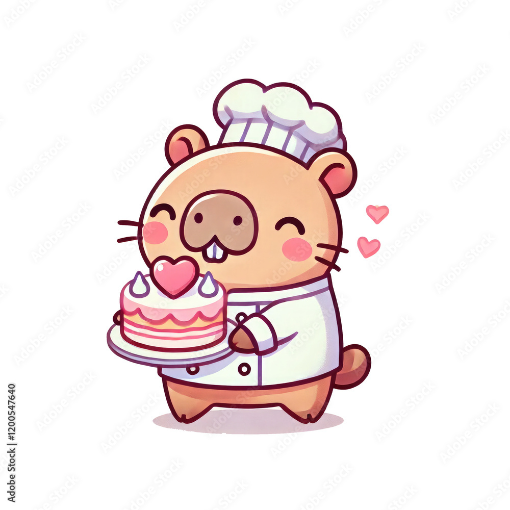 A cute animal chef holds a decorated cake, happily expressing joy with hearts surrounding it. A cute animal chef holds a decorated cake, happily expressing joy with hearts surrounding it.